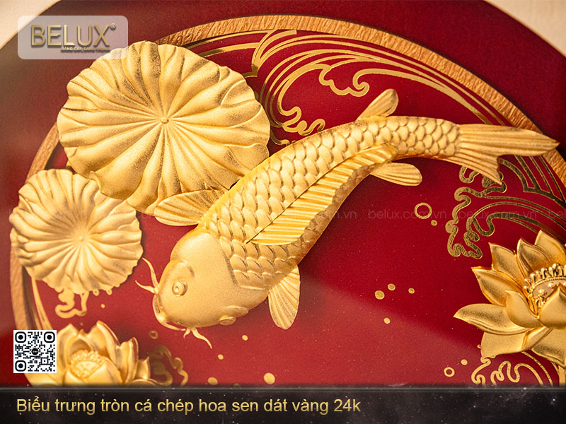 Biểu Trưng Tròn Cá Chép Hoa Sen Dát Vàng 24k